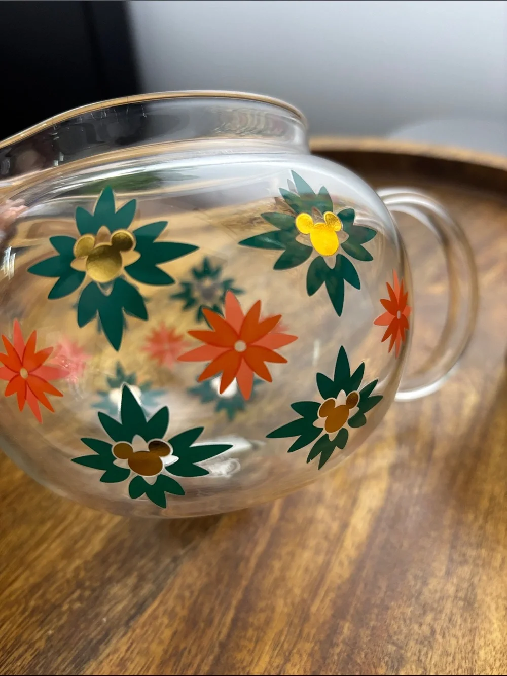 Disney Glass Teapot Infuser Loose Leaf Tea Gold Lid Floral Design Teal & Orange